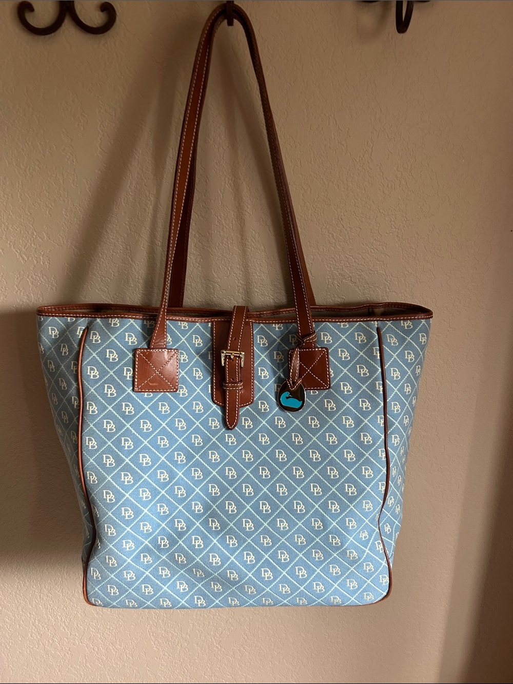 Dooney & Bourke Vintage XL Light Blue Signature Logo Tote with Brown Trim
